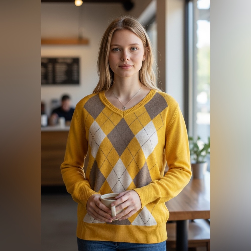 St. Johnโs Bay Argyle Sweater โ Womenโs Large โ Yellow Brown V-Neck Knit
